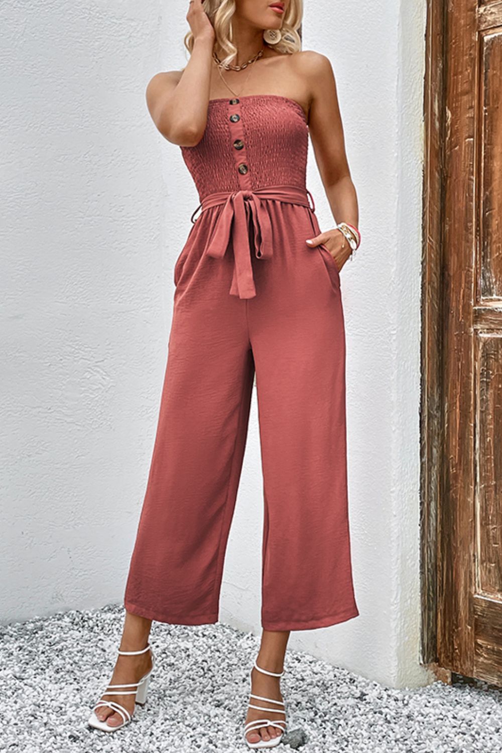 Strapless Smocked Jumpsuit with Pockets