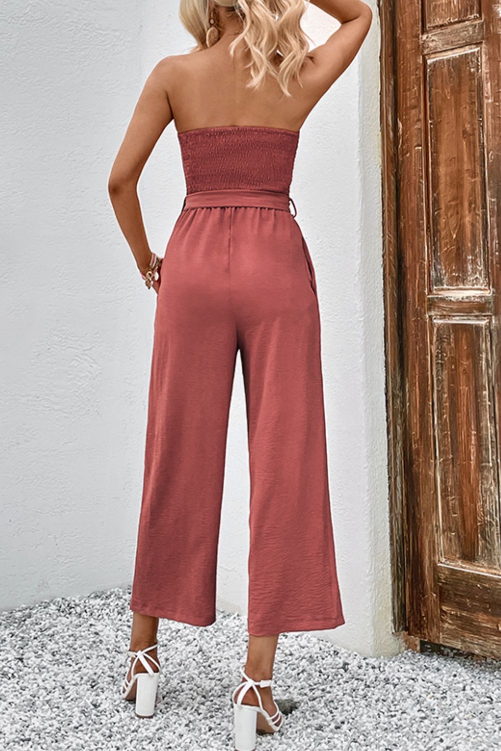 Strapless Smocked Jumpsuit with Pockets