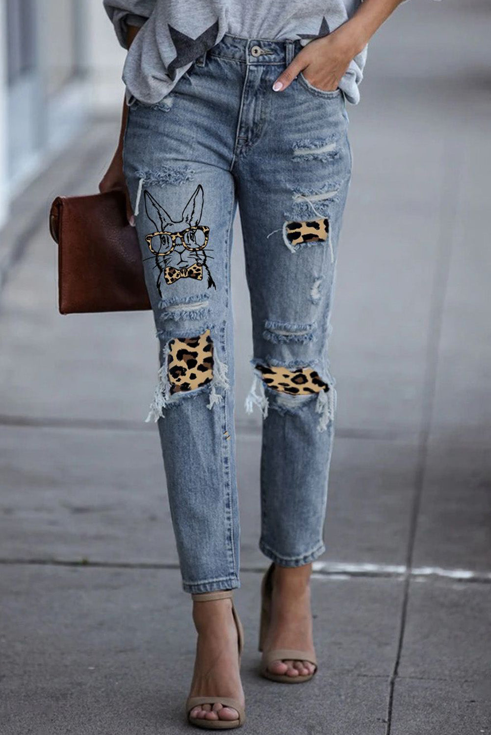 Leopard Patch Bunny Graphic Jeans
