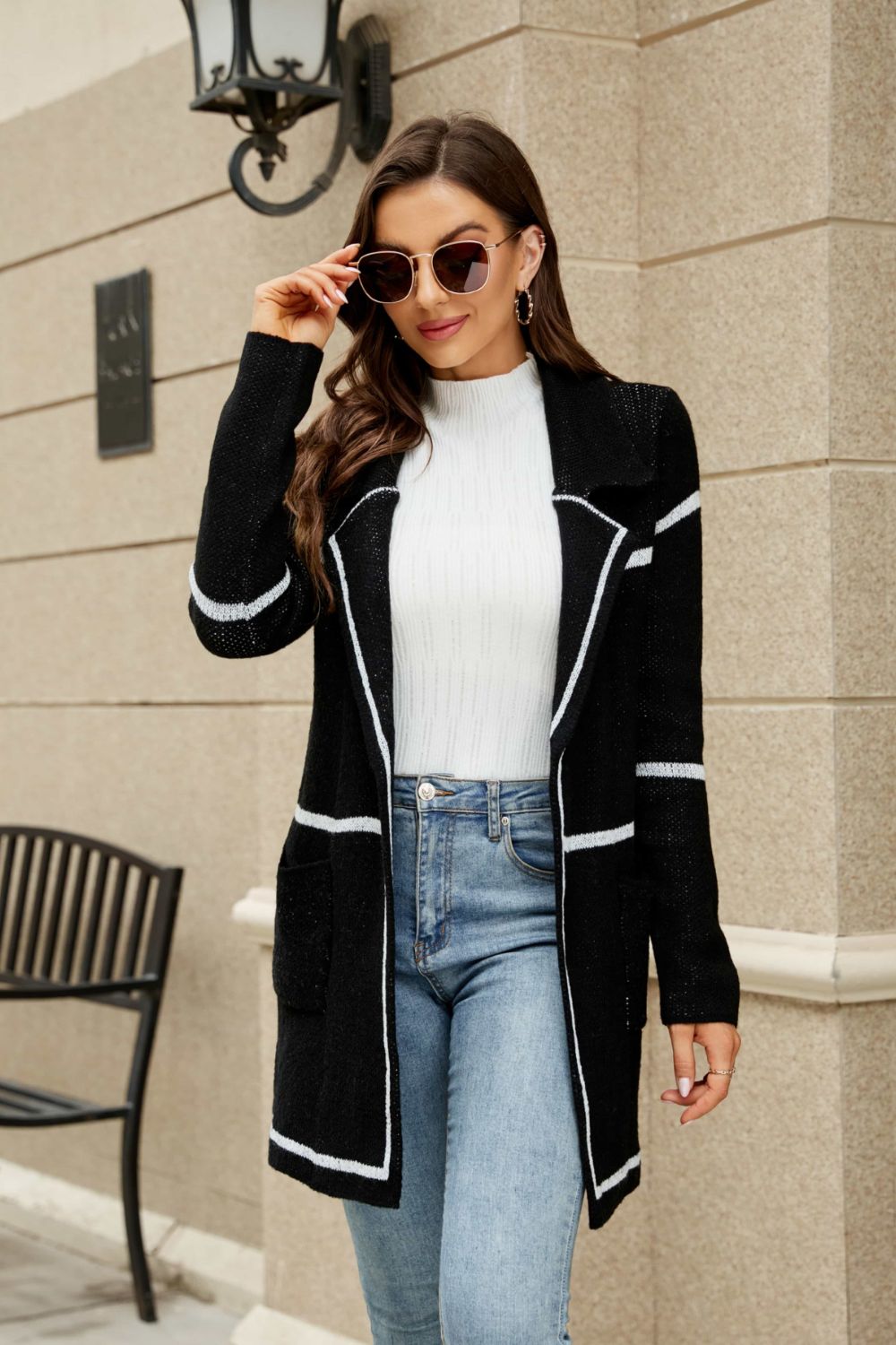 Striped Contrast Cardigan with Pockets