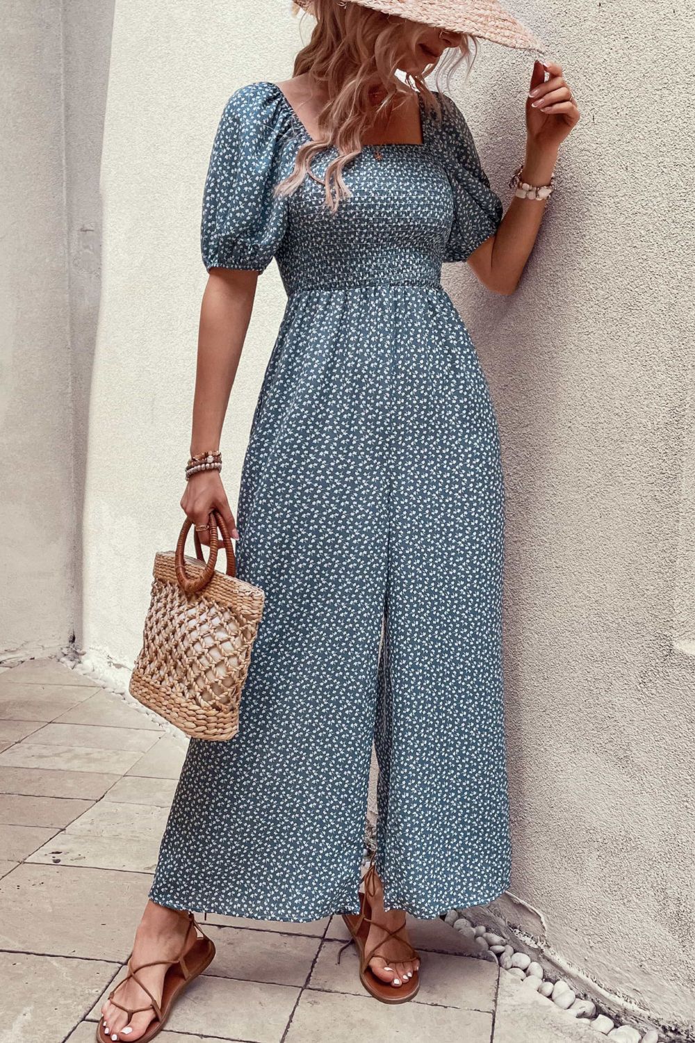 Printed Square Neck Jumpsuit with Pockets