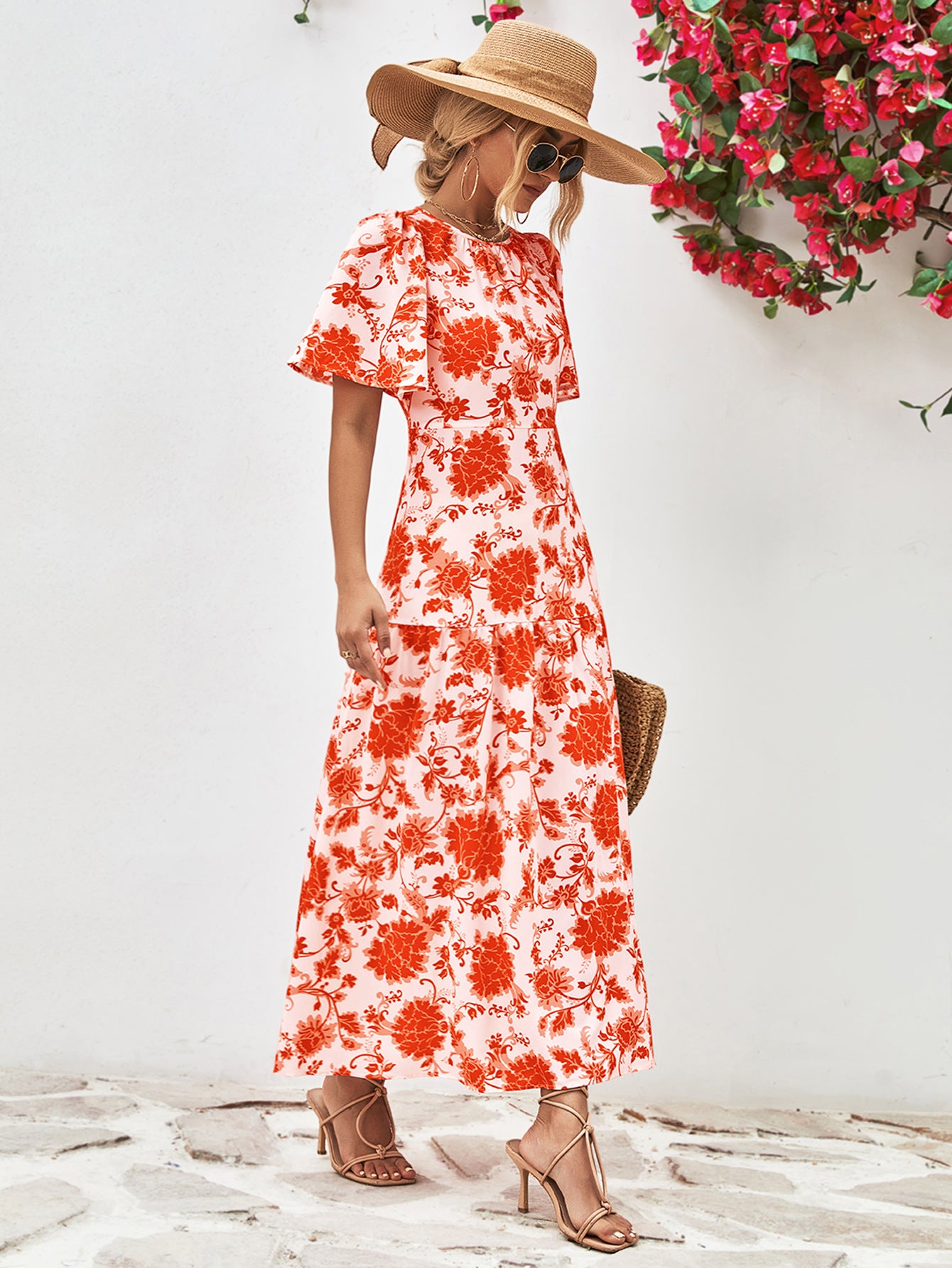 Floral Round Neck Tied Open Back Dress