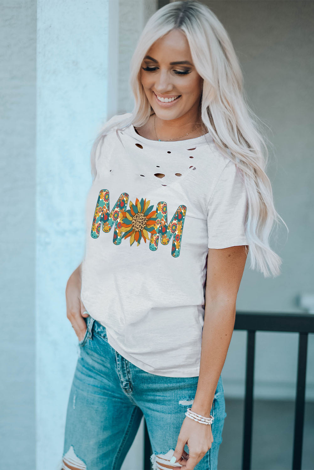 Letter Sunflower Graphic Distressed Tee