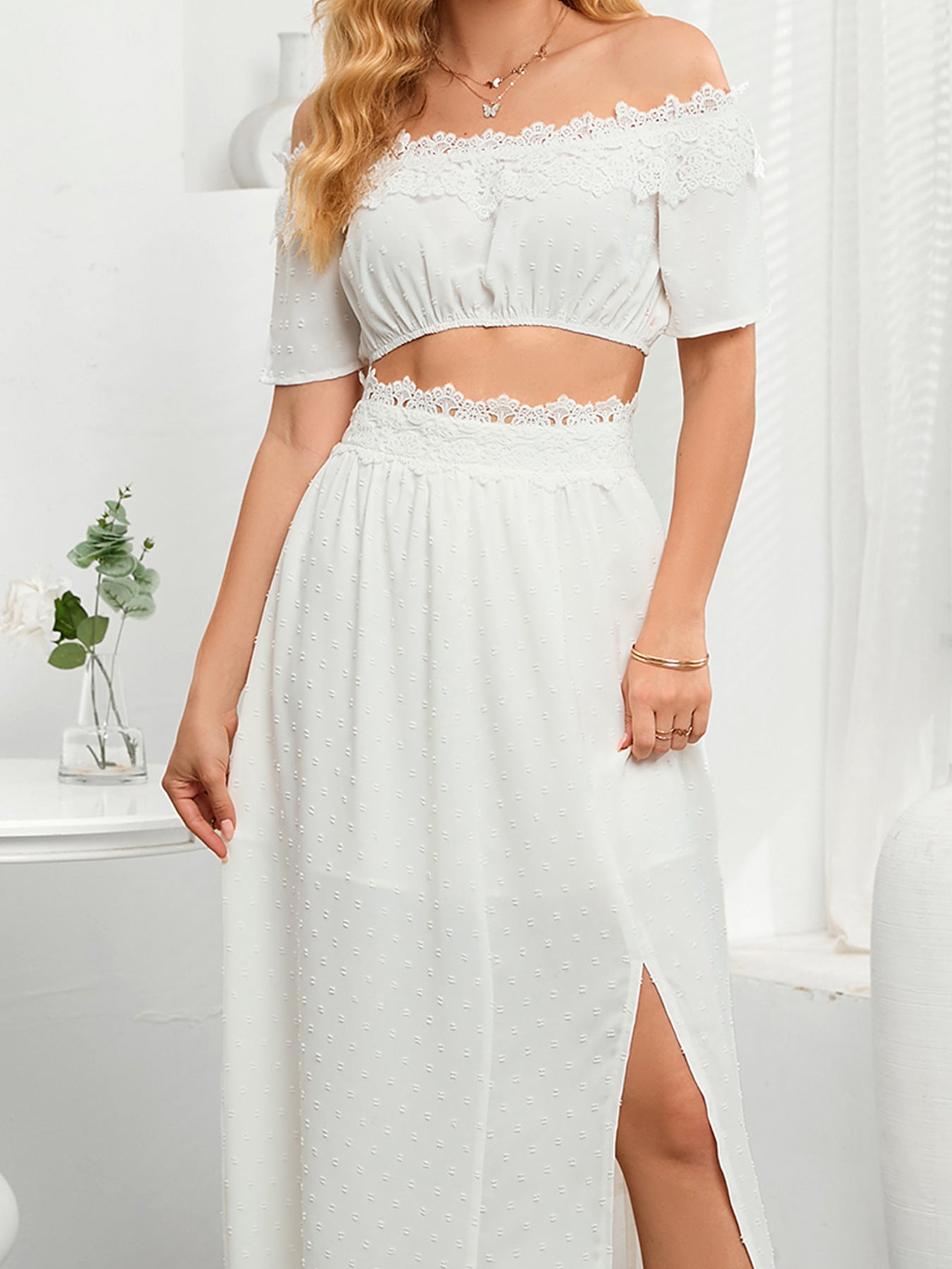 Swiss Dot Lace Trim Cropped Top and Slit Skirt Set